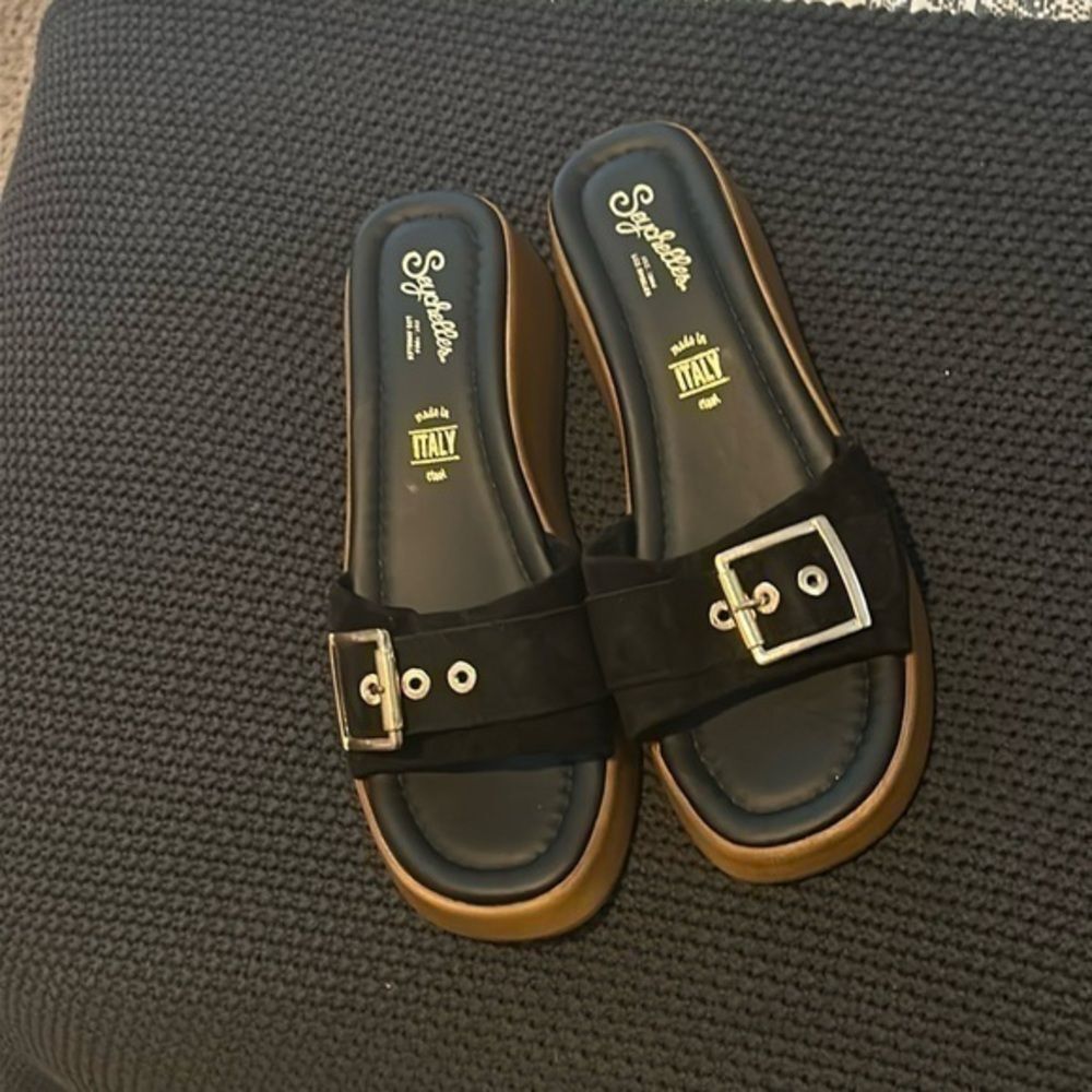 Seychelles Black Suede Slide Wedges with Gold Buckles